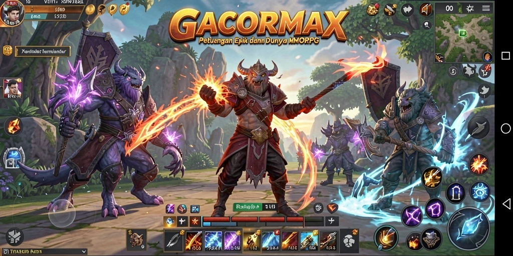 Screenshot gameplay GACORMAX menampilkan pertarungan epik di dunia fantasi.