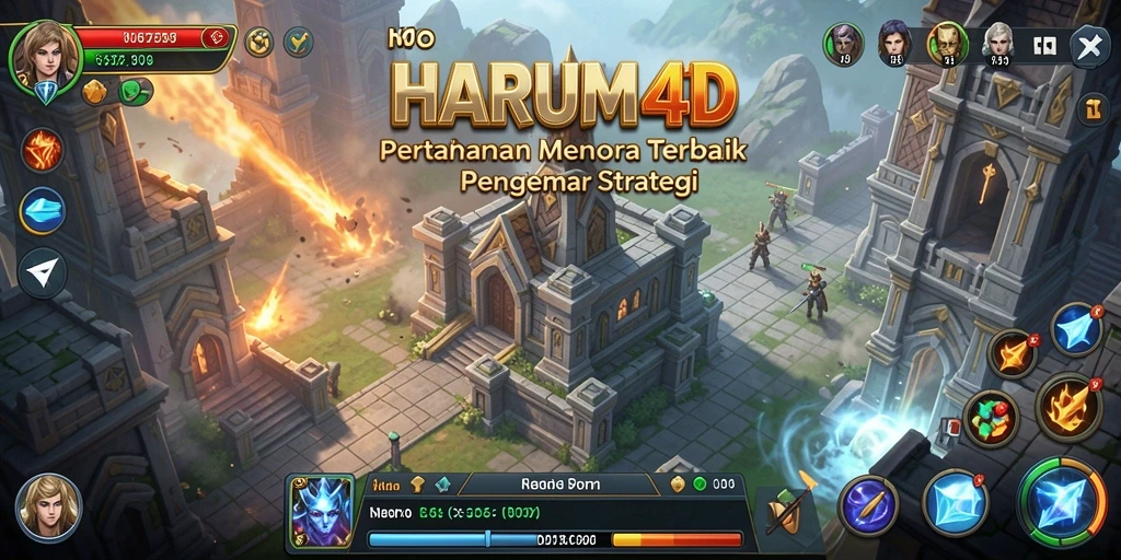 Tampilan menara dan musuh dalam gameplay HARUM4D yang mendebarkan.