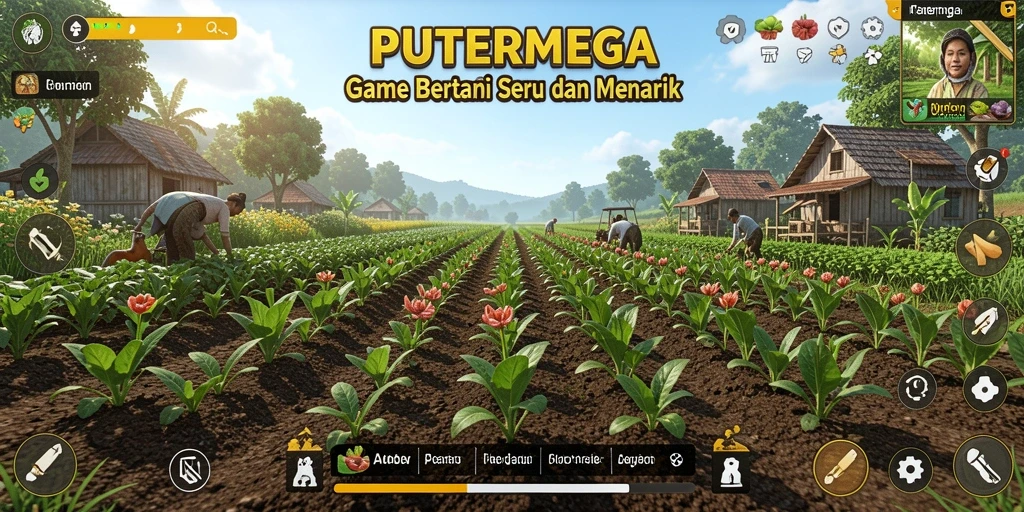 Screenshot utama PUTERMEGA menampilkan aksi seru dalam bertani dan mengelola ladang.