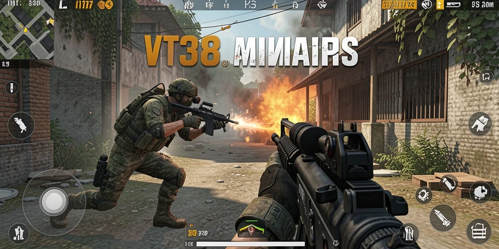 Screenshot utama VT38 menampilkan aksi tembak-menembak yang seru dan dinamis.