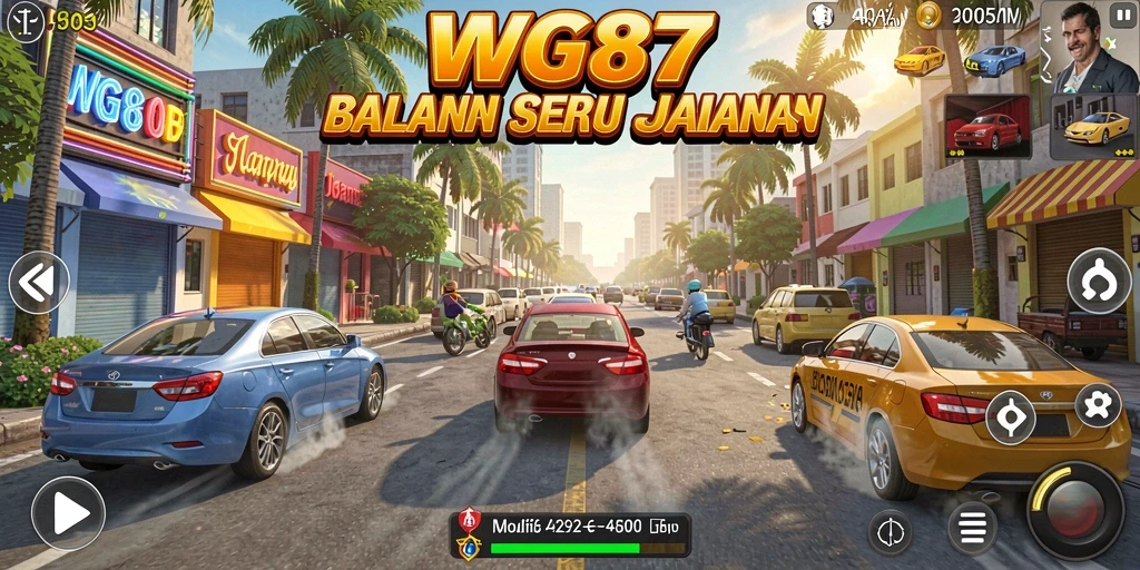 Screenshot gameplay WG87 menunjukkan balapan seru di lintasan yang menantang.